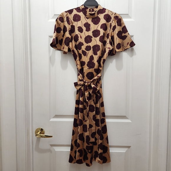 Ann Taylor Floral Flutter Sleeve Belted Flare Dress - Picture 2 of 10